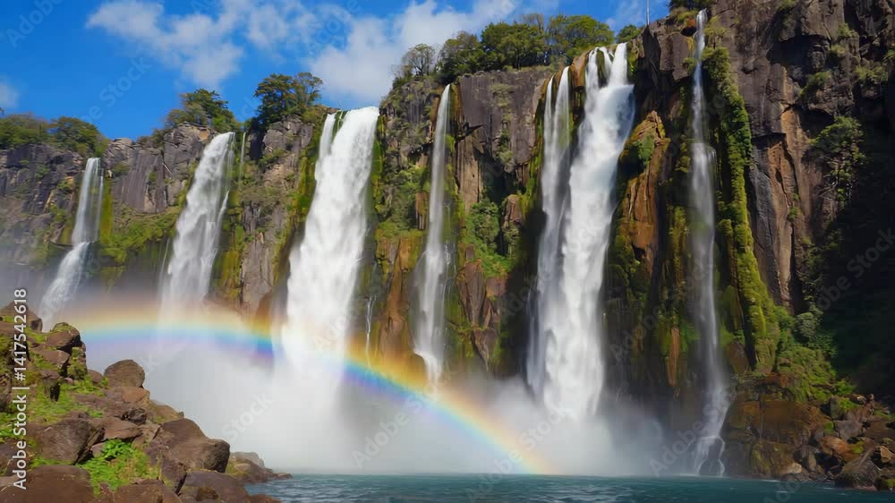 A stunning waterfall with a rainbow in a vibrant natural setting. A stunning waterfall with a rainbow in a vibrant natural setting.