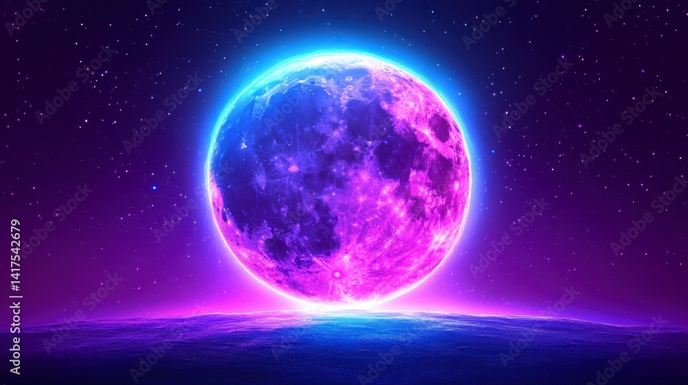 Fototapeta premium Vibrant purple and blue glowing moon over a dark planet. Cosmic landscape.