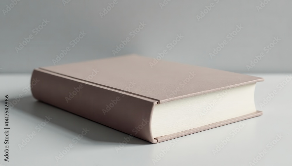 Elegant hardcover book mockup against soft gray background, page turner, leather binding Elegant hardcover book mockup against soft gray background, page turner, leather binding