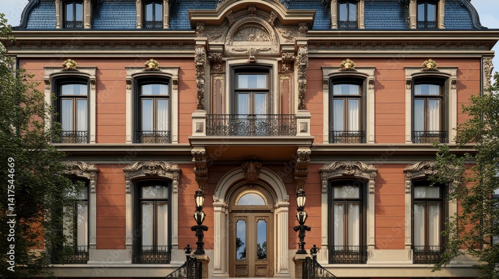 Obraz premium Grand red brick mansion with ornate detailing, symmetrical facade, and a central entrance. Daylight exterior.