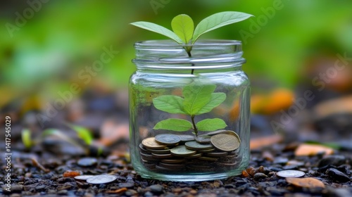 Wallpaper Mural A small plant sprouts from coins inside a clear glass jar, set against a blurred background of dark earth and green foliage. Torontodigital.ca