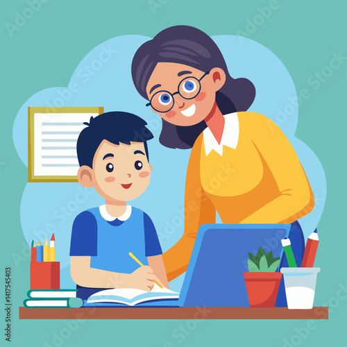 Teacher Helping Student with Homework at Desk