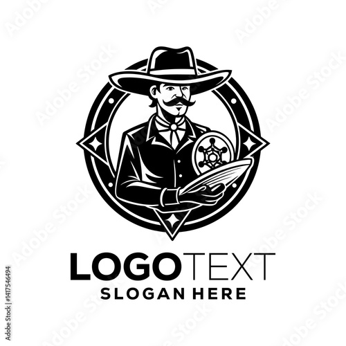 Logo template with the image of the man in hat. Cowboy. Sheriff. Mascot.