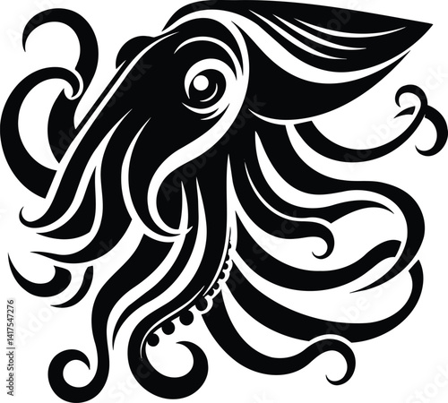 Elegant cuttlefish silhouette with rhythmic tentacles and W shaped pupils