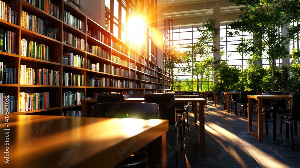 Sunny Library Interior with Bookshelves, Tables, and Plants Sunny Library Interior with Bookshelves, Tables, and Plants