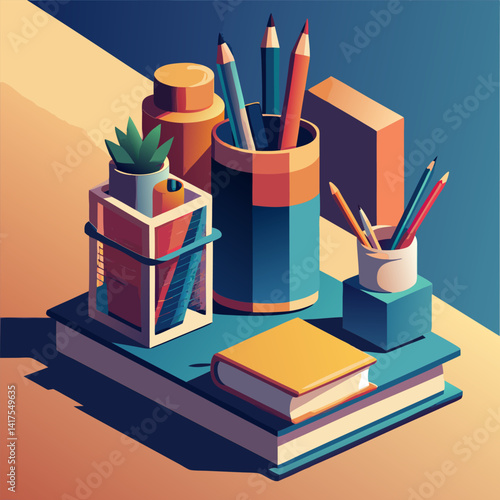 Geometric Still Life. Colorful Pencils and Art Supplies