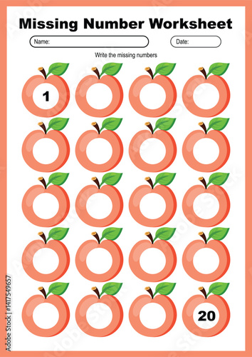 Printable missing number worksheet with peaches for kids, write numbers from 1 to 20, ideal for preschool math activities, number recognition, sequencing and classroom learning fun