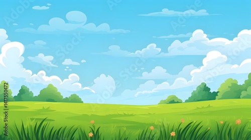 Serene Cartoon Outdoor Park Landscape with Flat Grass and Blue Sky Background
