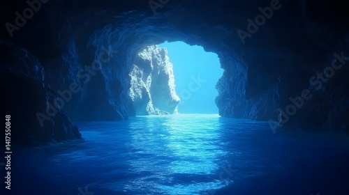 Fototapeta Naklejka Na Ścianę i Meble -  A sea cave opening onto a glowing blue ocean