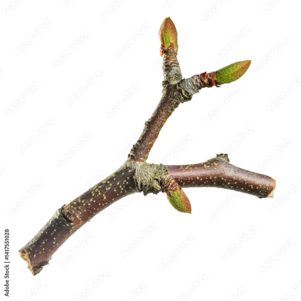 Pear tree twig bearing rough bark and emerging spring buds, isolated against pristine white background with precise clipping path Pear tree twig bearing rough bark and emerging spring buds, isolated against pristine white background with precise clipping path