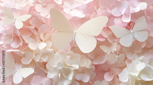 Pastel Spring Butterflies: Paper butterflies flutter delicately among blush pink hydrangeas, creating a peaceful and whimsical springtime scene.