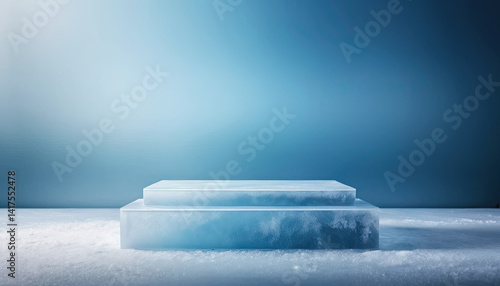 A serene, minimalist image featuring a clear ice block on a frosty surface, set against a soft blue gradient background.