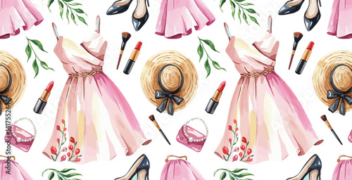 Fashion items dress, sunglass, heels, lipstick, hat, purse, makeup brush, ornaments ,Seamless pattern watercolor illustration