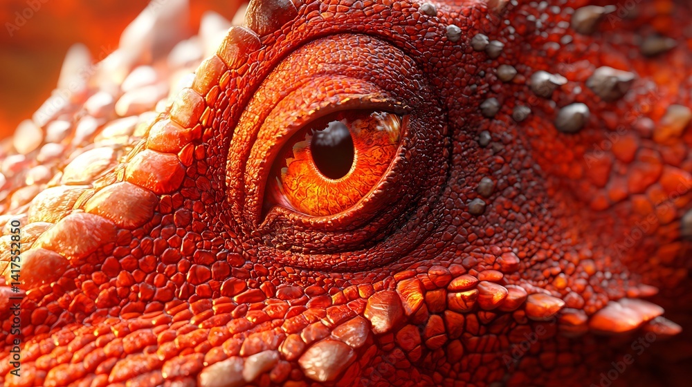 Fototapeta premium Intense close-up of a reptilian eye, showcasing texture and vibrant fiery colors