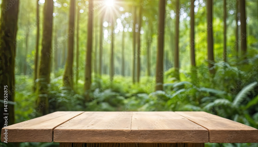 A wooden tabletop in a lush green forest, illuminated by sunlight filtering through trees, creating a serene, natural ambiance. A wooden tabletop in a lush green forest, illuminated by sunlight filtering through trees, creating a serene, natural ambiance.