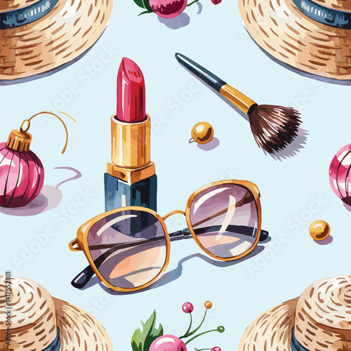 Fashion items dress, sunglass, heels, lipstick, hat, purse, makeup brush, ornaments ,Seamless pattern watercolor illustration