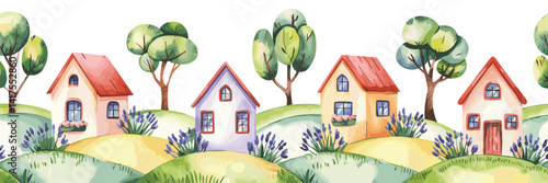 Seamless pattern with hand painted watercolor village, Houses and trees isolated on white background, vector illustration 