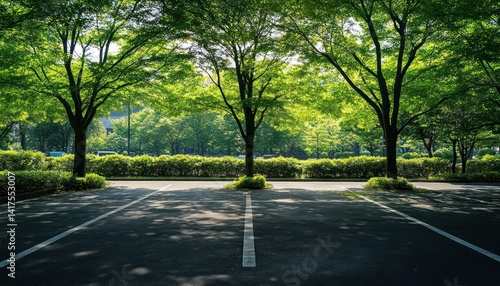 Fototapeta Naklejka Na Ścianę i Meble -  Peaceful Green Parking Lot: A quiet parking lot shaded by trees, surrounded by lush greenery, offering a calm and serene atmosphere in an urban setting.