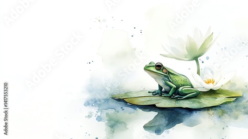 A serene frog relaxing on a lily pad surrounded by soft watercolor effects.