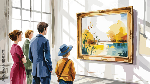 visitors in painting exhibition, watercolor illustration