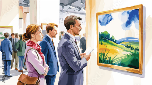 visitors in painting exhibition, watercolor illustration