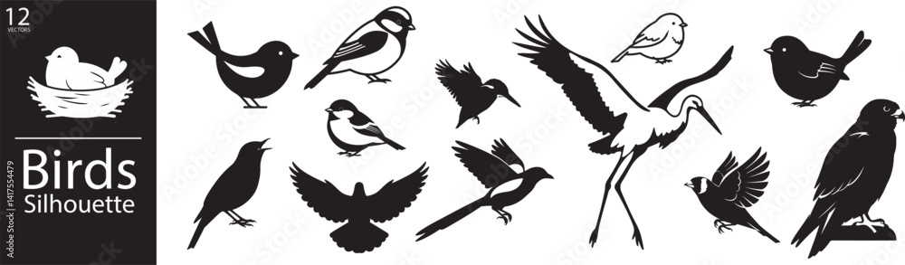 Obraz premium 12 Bird Silhouettes Displayed in Black Featuring Flying, Perching, and Standing Poses