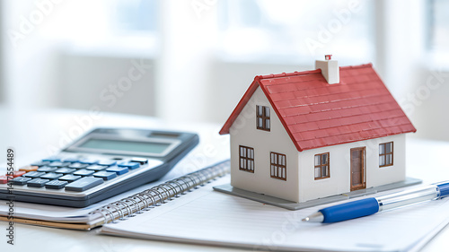 Real Estate Investment Planning Model Home, Calculator, Pen and Notebook on Bright White Desk for Budgeting and Financial