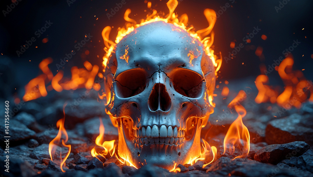 Eerie skull surrounded by fiery flames and smoke Eerie skull surrounded by fiery flames and smoke