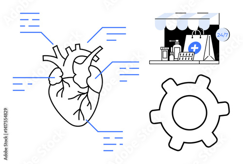 Anatomical heart diagram with labeled indicators, medical store with supplies and a 247 sign, gear symbolizing operational systems. Ideal for healthcare, anatomy, pharmacy, services, technology