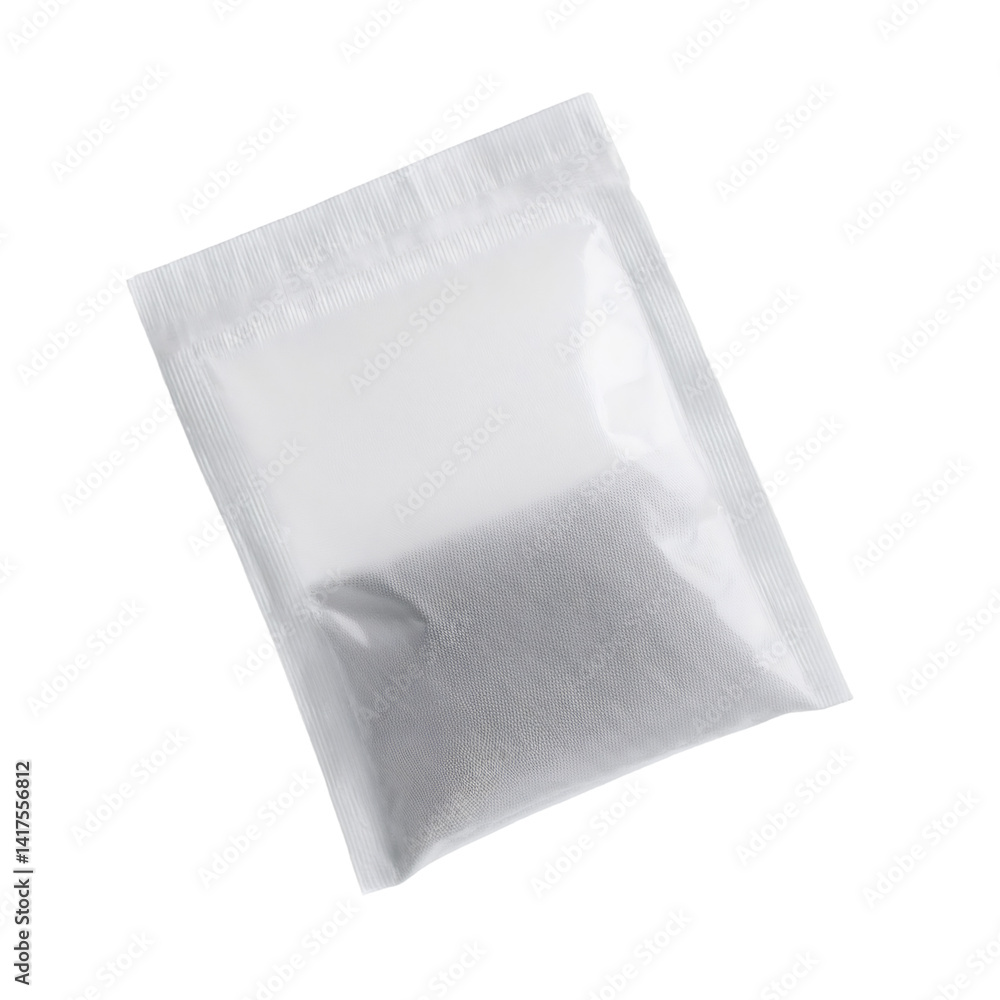 White sealed paper spice packet hovering against transparent backdrop, clipping path ready White sealed paper spice packet hovering against transparent backdrop, clipping path ready