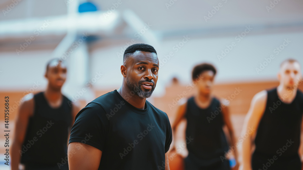 Confident basketball coach of African descent stands in focus, delivering tactical instructions to his team. Players in the background listen attentively, emphasizing teamwork and leadership Confident basketball coach of African descent stands in focus, delivering tactical instructions to his team. Players in the background listen attentively, emphasizing teamwork and leadership