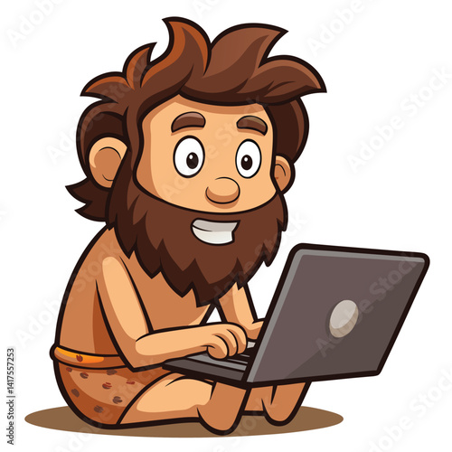 Cartoon Caveman Typing on Laptop, Funny Prehistoric Man Using Computer, Isolated