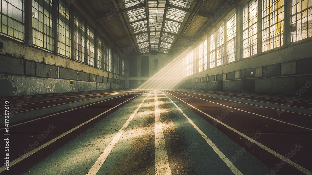 Fototapeta premium Abandoned indoor track field with sun rays shining through windows for athletics and running sport use