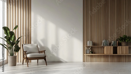 Modern minimalist living room with wooden paneling, armchair, and sunlight