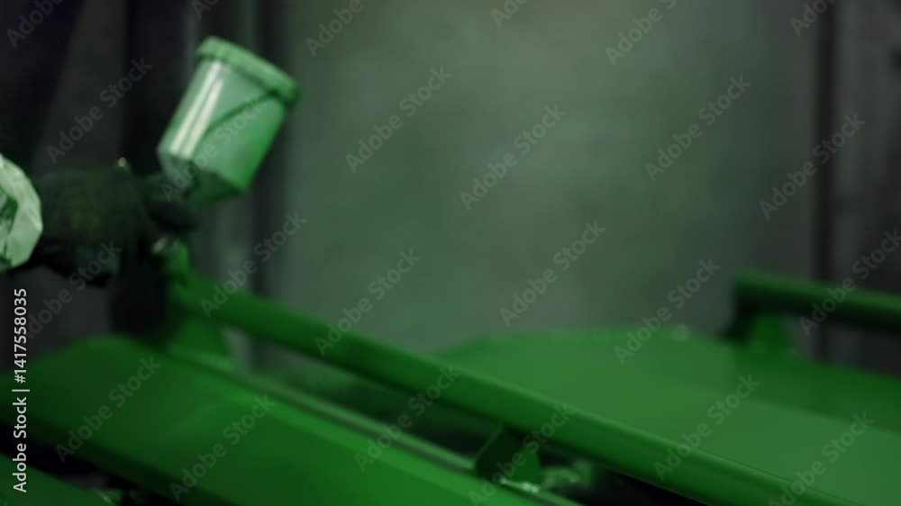 Closeup narrow focus detail: Spray painting metal implement green Closeup narrow focus detail: Spray painting metal implement green