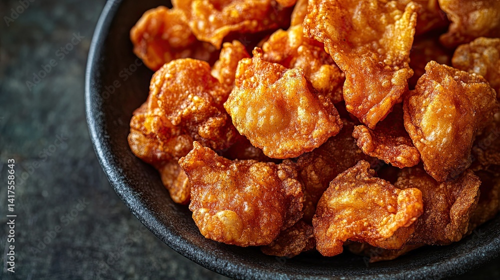 Tilt-shift magic transforms crispy chicharrones into a captivating miniature landscape of flavor. -- Tilt-shift magic transforms crispy chicharrones into a captivating miniature landscape of flavor. --
