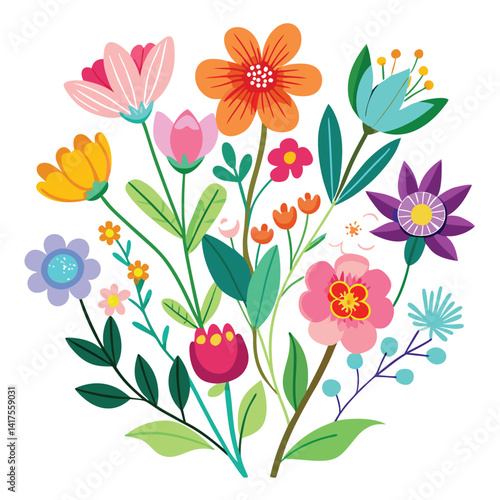 Wallpaper Mural Colorful Flat Design Flower Bouquet with Leaves and Stems on White Torontodigital.ca