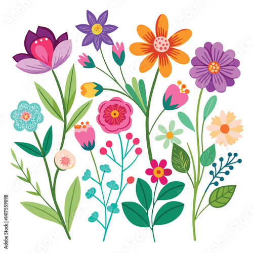 Wallpaper Mural Colorful Floral Bouquet Illustration, Cartoon Flowers with Leaves on White Background Torontodigital.ca