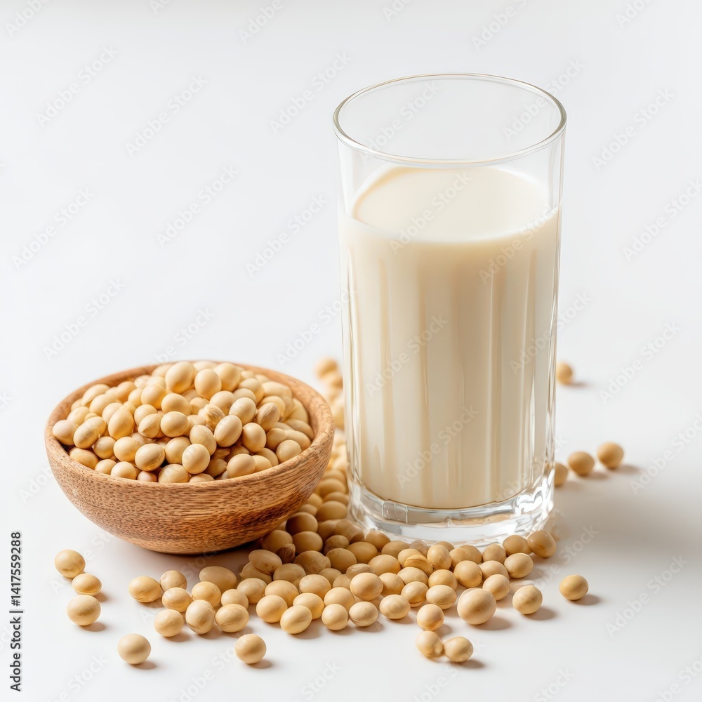 Soy Milk in Glass with Soybeans Healthy Vegan Drink and Plant Based Nutrition Soy Milk in Glass with Soybeans Healthy Vegan Drink and Plant Based Nutrition