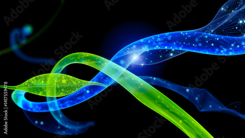 Intertwined organic and digital forms in cobalt blue, mutualistic system visualization with energy exchange