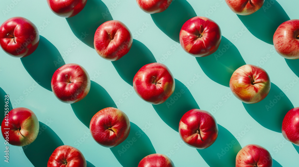 A collection of red apples with a hint of yellow is spread out on a turquoise background. A collection of red apples with a hint of yellow is spread out on a turquoise background.