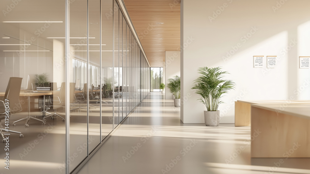 Fototapeta premium Natural sunlight illuminates a modern minimalist office space, highlighting a long corridor with glass walls leading to a bright and airy workspace, creating a clean and productive atmosphere