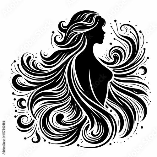 Virgo Zodiac Sign - Goddess Silhouette with Flowing Hair in Black  