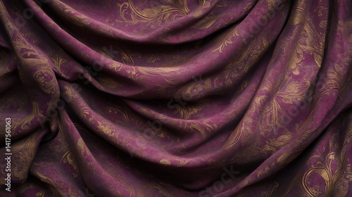 Royal Purple Velvet Fabric with Golden Floral Damask Pattern Abstract