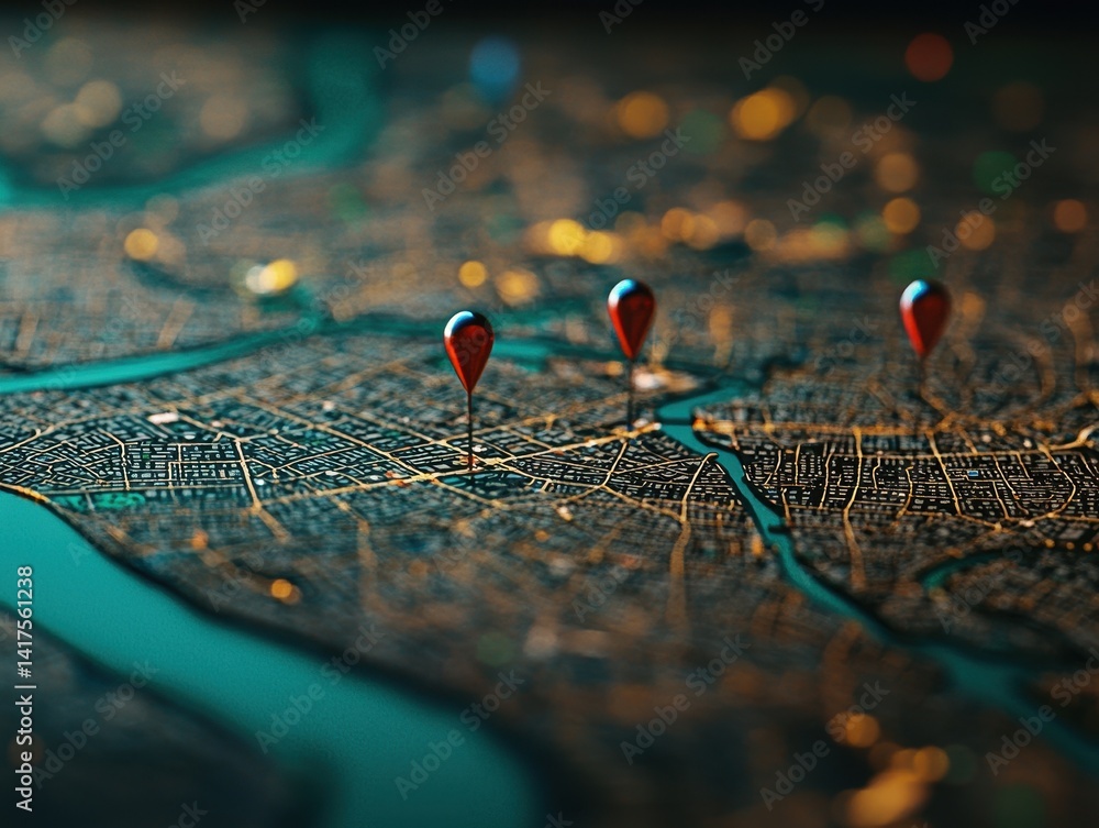 Detailed Map with Location Pins Highlighting Urban Areas at Night Detailed Map with Location Pins Highlighting Urban Areas at Night