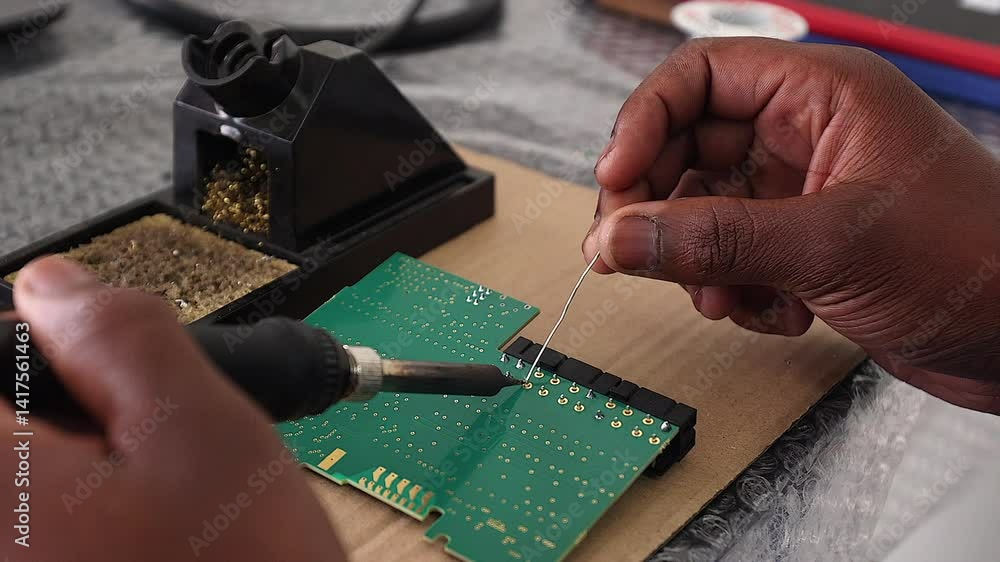 Closeup hands solder pins on computer circuit board on workbench Closeup hands solder pins on computer circuit board on workbench