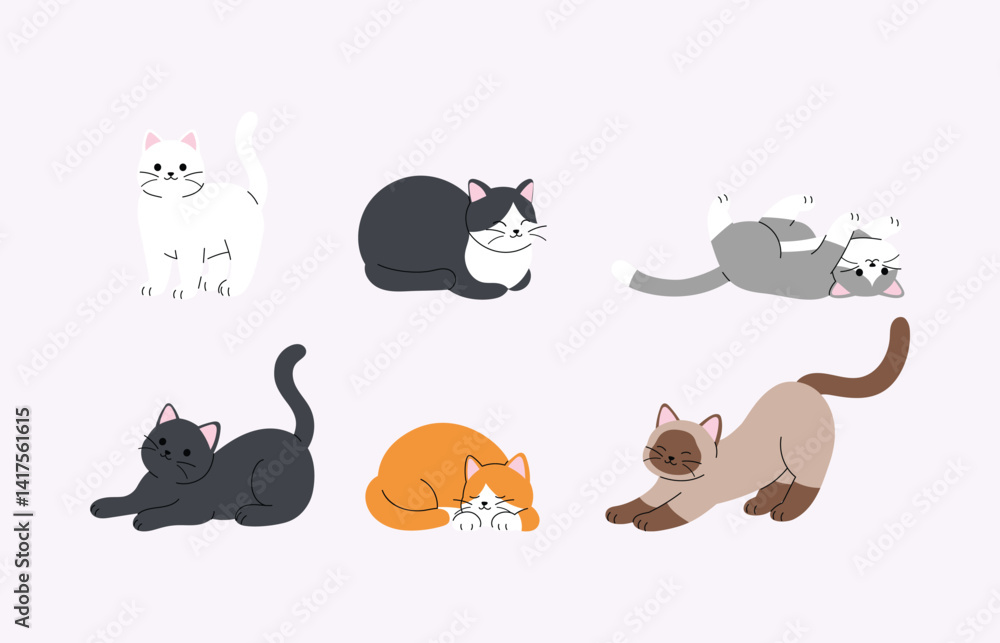 Fototapeta premium collection of adorable cat, playful doodle kitten, body, orange, white, black cat, grey, siamese, cute kitty character illustration