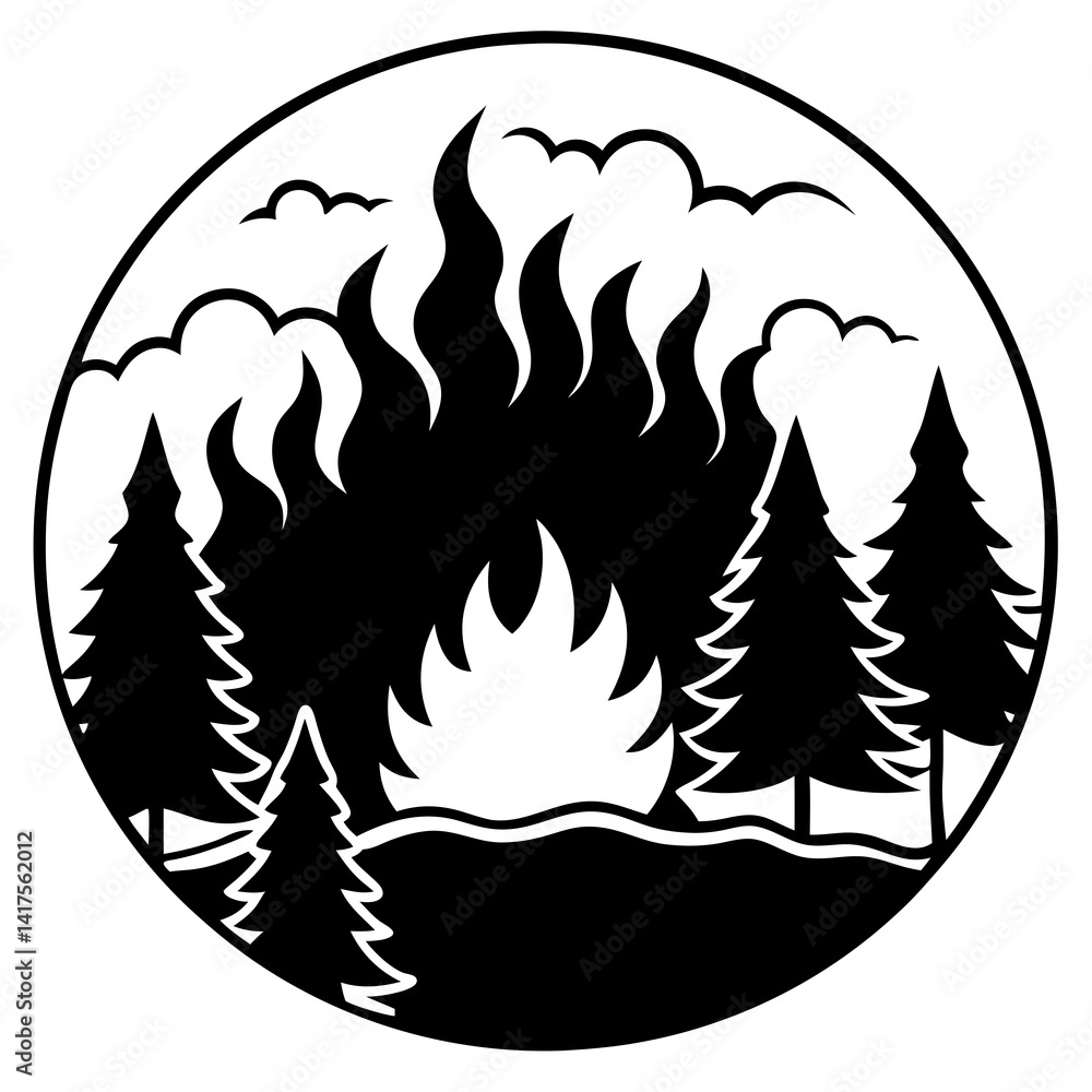 Fototapeta premium Blazing Sunset Over Forest vector silhouette black design white background