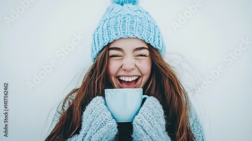 Happy smiling young woman with cup of coffee drink in blue winter hat having fun on white background