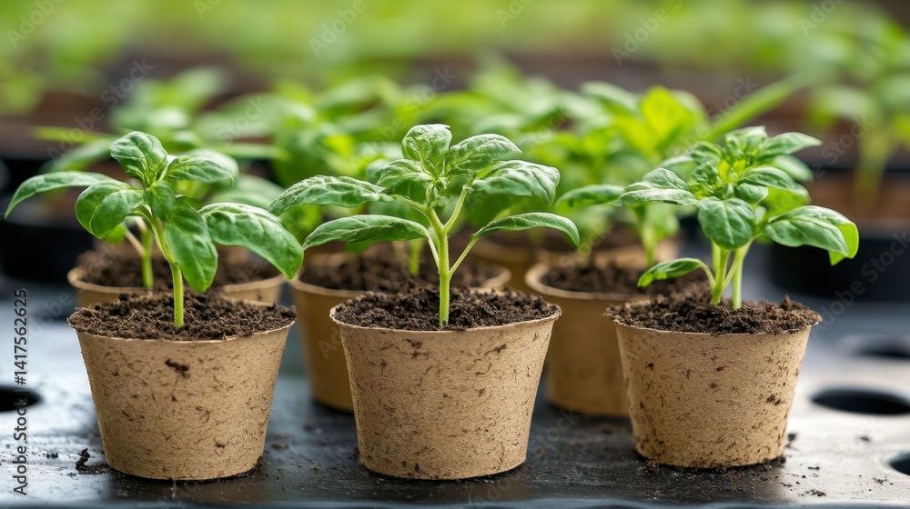 Close up view of several vibrant green seedlings in small brown biodegradable pots, arranged neatly on a dark surface. Close up view of several vibrant green seedlings in small brown biodegradable pots, arranged neatly on a dark surface.
